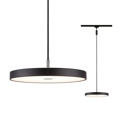 Black round LED pendant light with white diffuser made of metal for modern indoor lighting