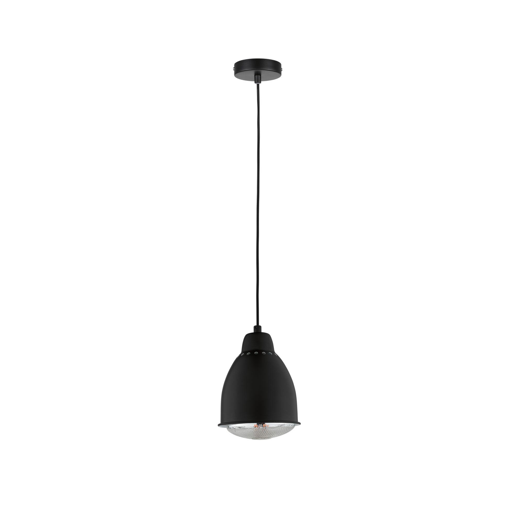 Black metal pendant light with clear glass diffuser, modern LED hanging lamp for living spaces