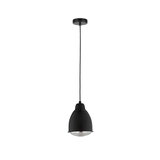 Black metal pendant light with clear glass diffuser, modern LED hanging lamp for living spaces