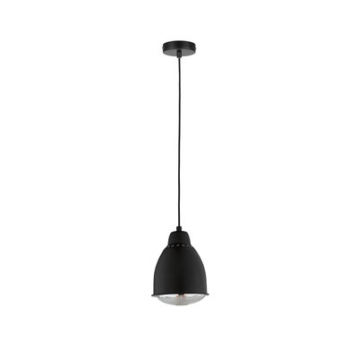 Black metal pendant light with clear glass diffuser, modern LED hanging lamp for living spaces