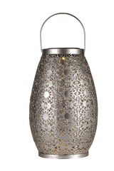 Silver metal lantern with intricate pattern and handle, decorative LED light for indoor and outdoor use.