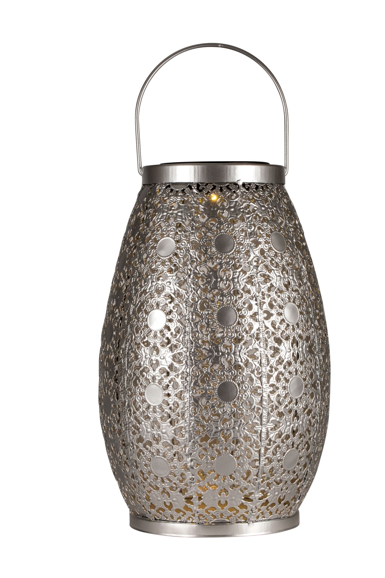 Silver metal lantern with intricate pattern and handle, decorative LED lighting for home