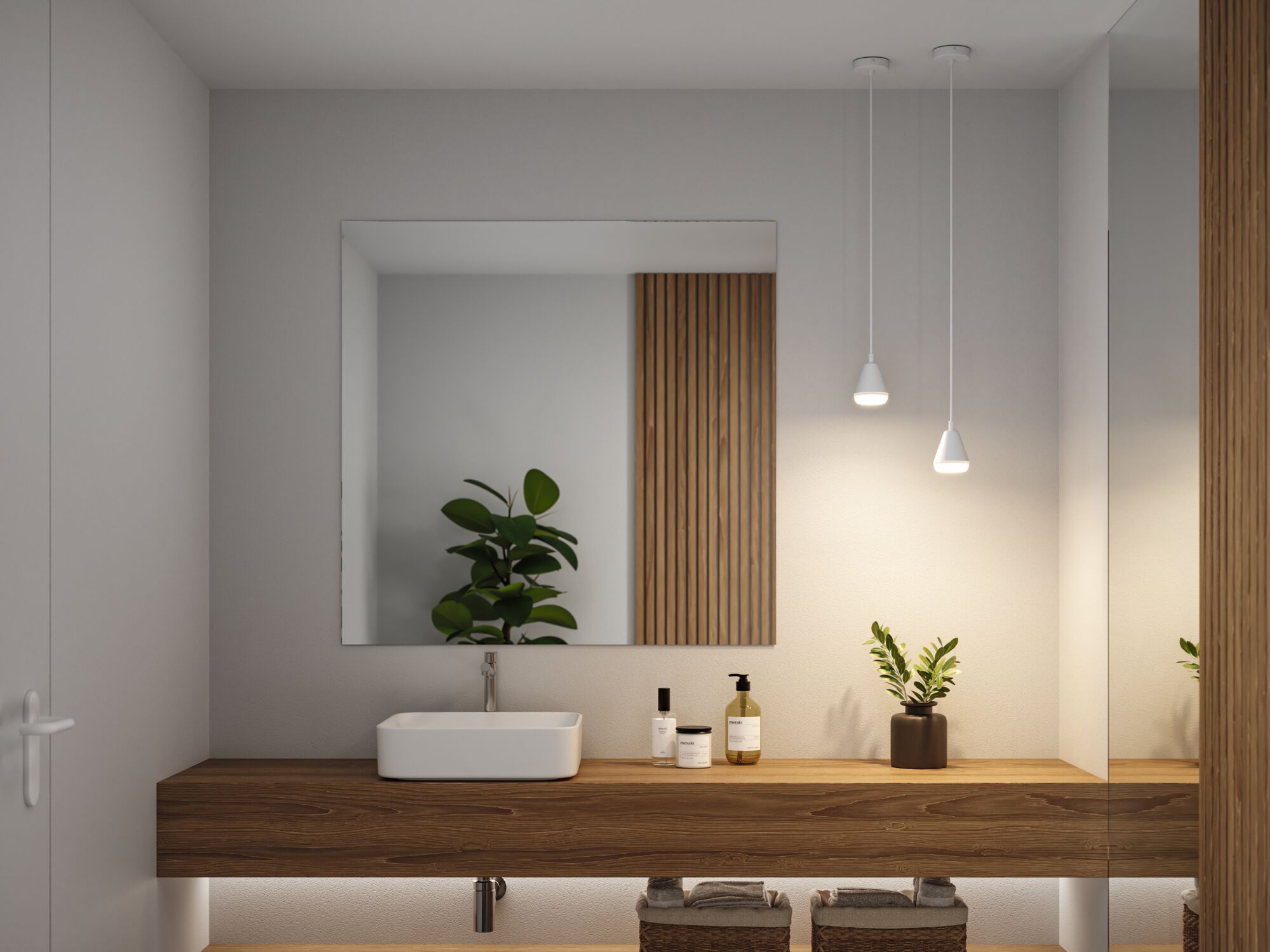Modernes Badezimmer mit hölzernem Waschtisch, weißem Aufsatzbecken und zwei weißen Pendelleuchten.