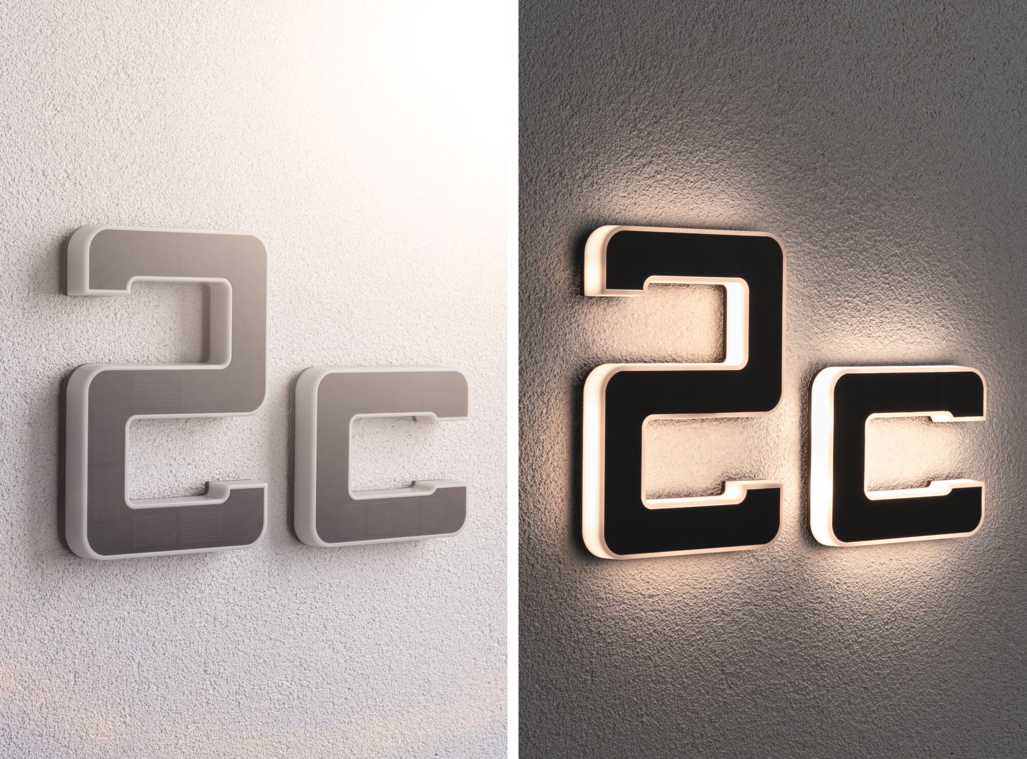 Moderne LED-Wandbuchstaben in Schwarz mit weißem Rahmen, beleuchtet und unbeleuchtet an grauer Wand.