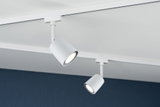 Deux spots LED métalliques blancs sur rail fixés au plafond blanc pour éclairage moderne