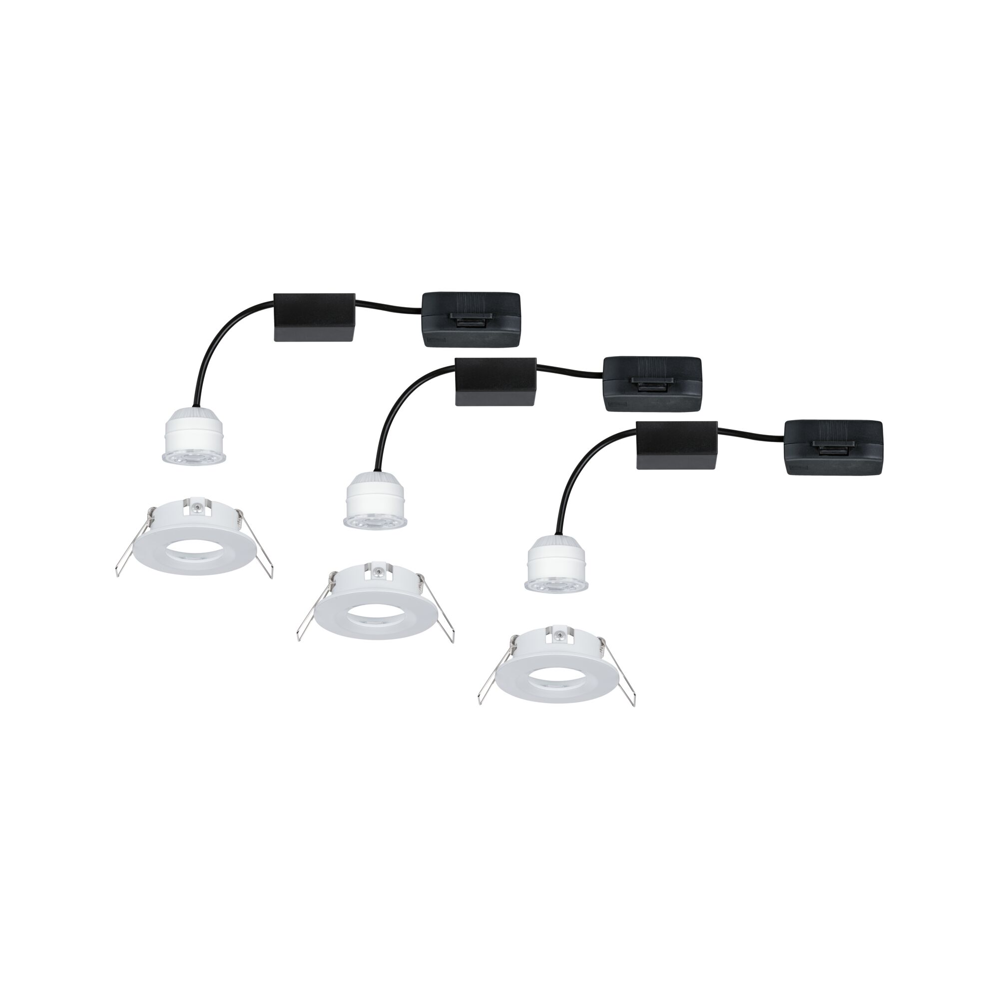 Three white LED recessed spotlights with black cables and plastic mounts for modern lighting solutions