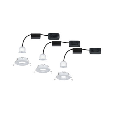 Trois spots encastrés LED blancs avec câbles noirs et supports en plastique pour éclairage moderne