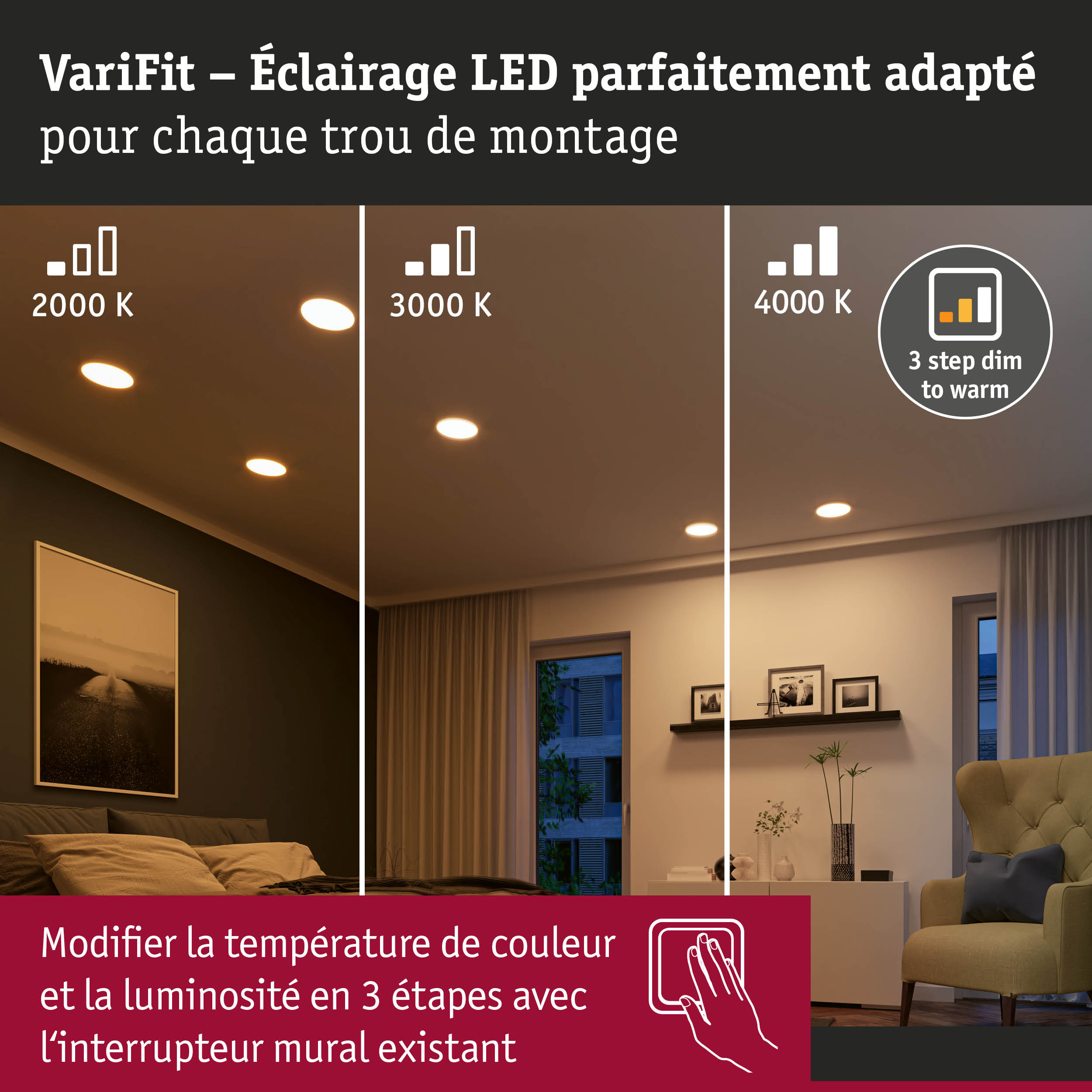 Éclairage LED VariFit encastré avec température de couleur réglable de 2000K à 4000K pour pièces à vivre