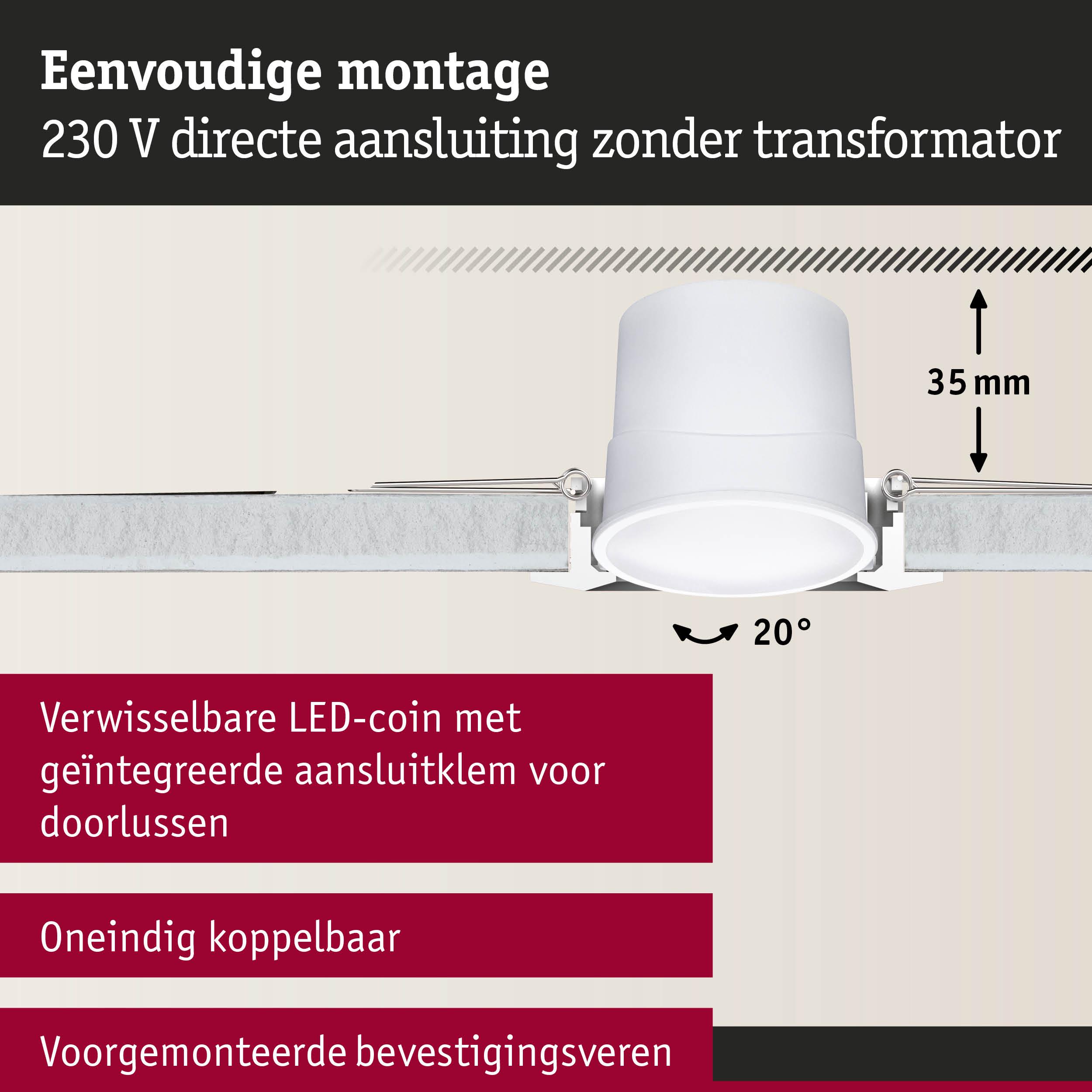 Witte LED-inbouwspot met 35 mm inbouwdiepte en 20° kantelbaar, eenvoudige 230 V montage zonder trafo