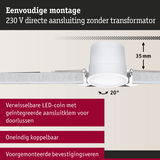 Witte LED-inbouwspot met 35 mm inbouwdiepte en 20° kantelbaar, eenvoudige 230 V montage zonder trafo