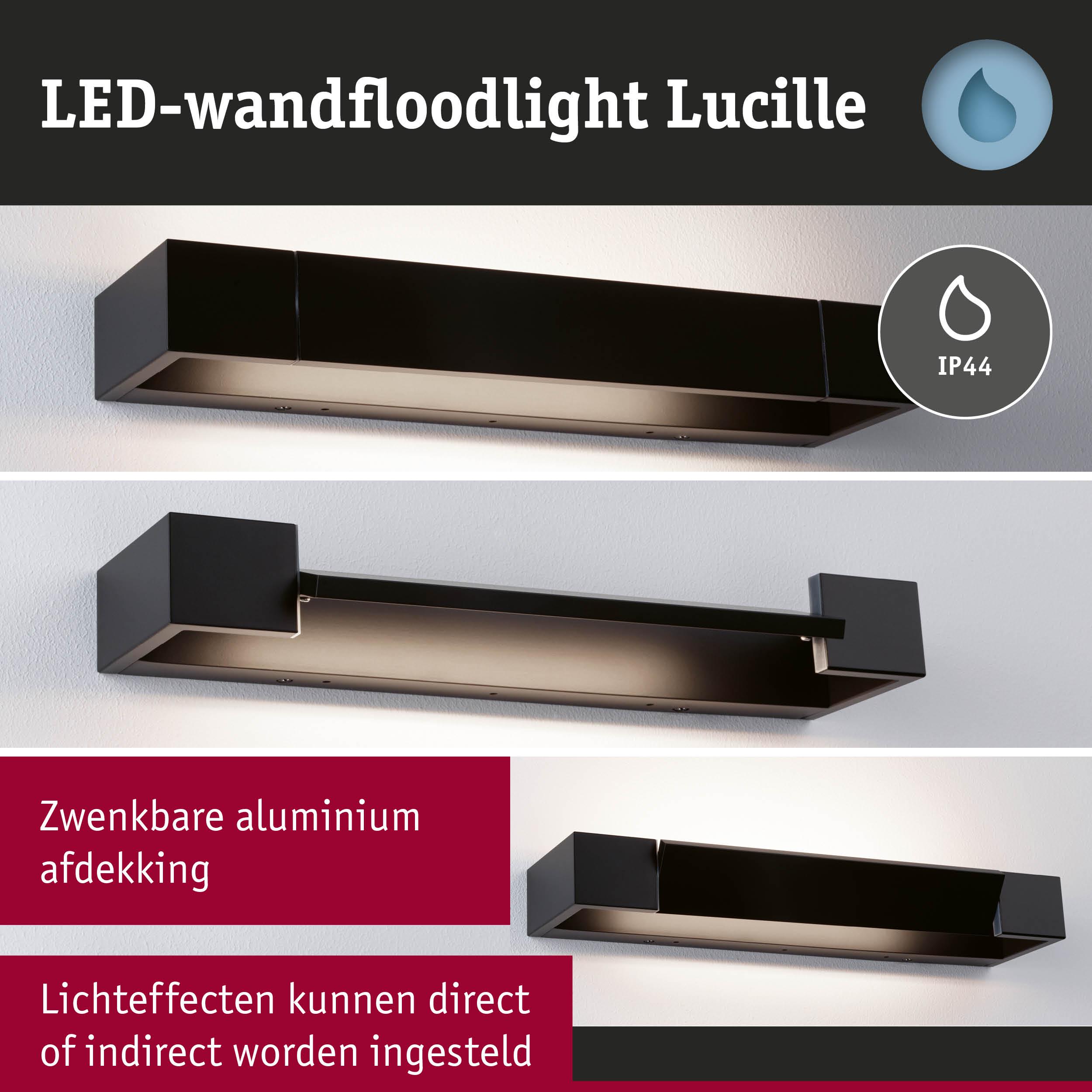 Zwarte LED-wandfloodlight Lucille van aluminium met IP44 en zwenkbare afdekking voor directe of indirecte verlichting