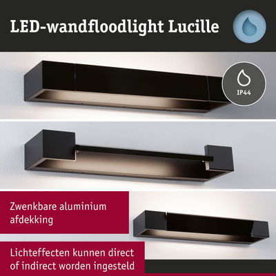 Zwarte LED-wandfloodlight Lucille van aluminium met IP44 en zwenkbare afdekking voor directe of indirecte verlichting