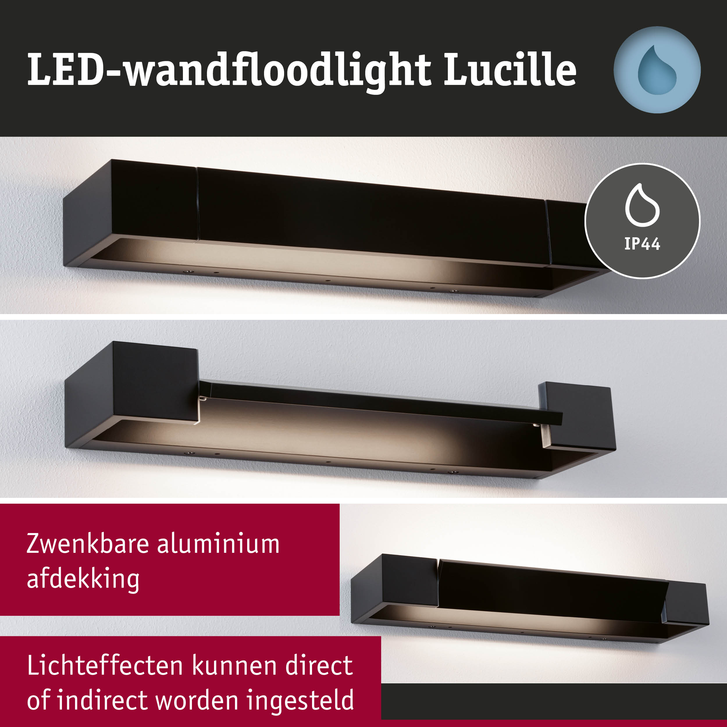 Zwarte aluminium LED-wandflutlicht Lucille met IP44 bescherming voor buitenverlichting