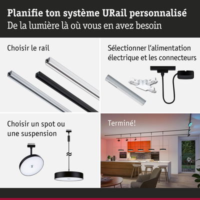 Guide étape par étape pour système d'éclairage URail avec luminaires noirs et blancs et connecteurs