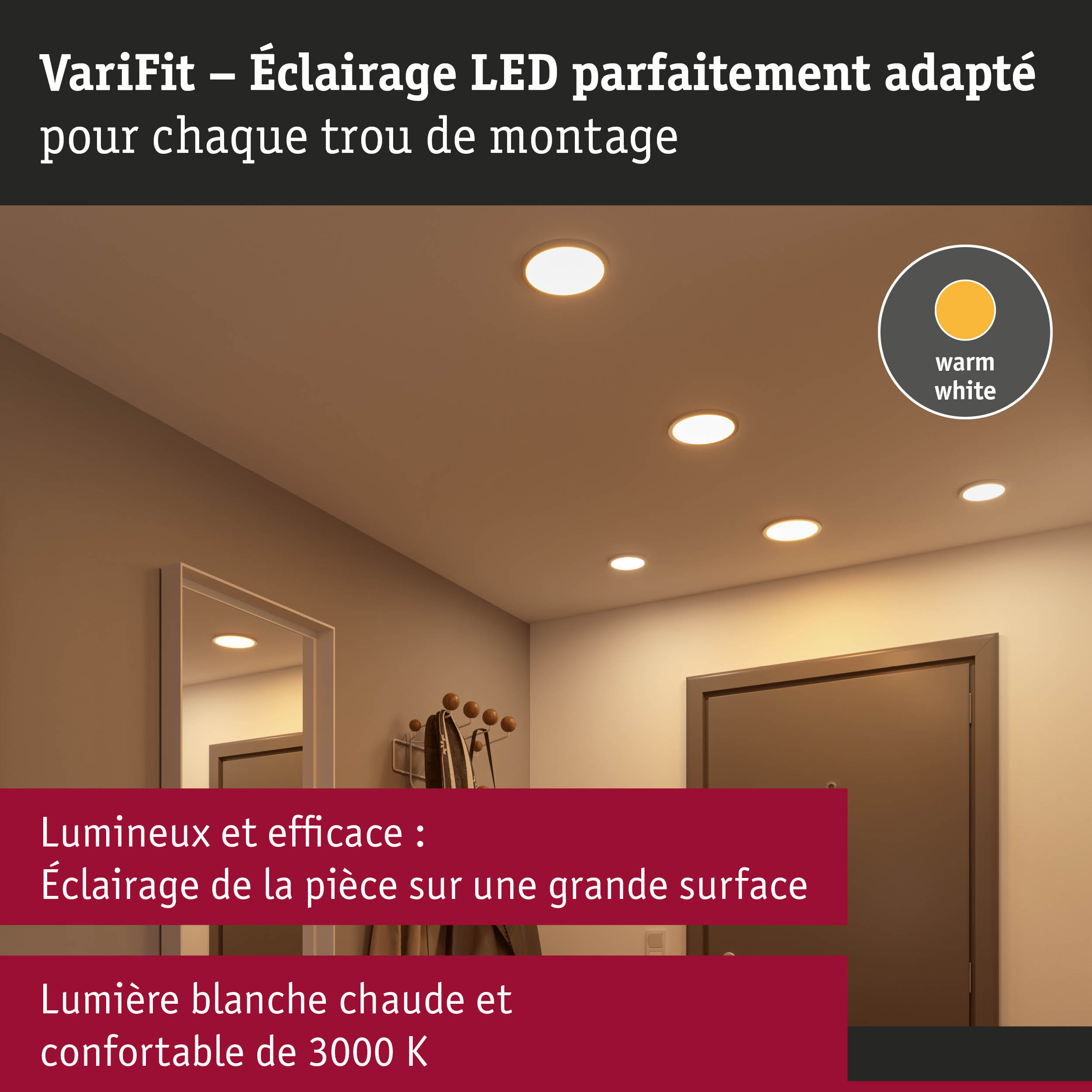 VariFit éclairage LED encastré blanc chaud adapté à chaque trou de montage au plafond