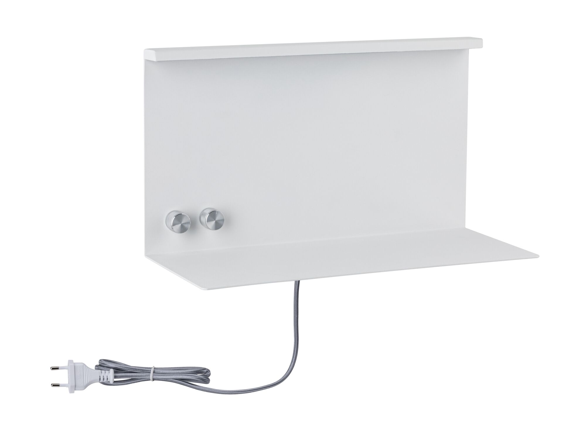 Witte metalen wandplank met twee zilveren knoppen en grijze stroomkabel voor LED-verlichting