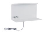 White metal wall shelf with two silver knobs and grey power cable for LED lighting setup
