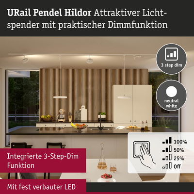 Moderne weiße URail Pendel Hildor LED-Hängeleuchte mit 3-Stufen-Dimmfunktion in Küche