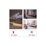 White kids bed with LED night light under frame, turns on below 20 Lux brightness for safety.