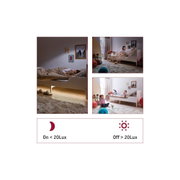 Drie afbeeldingen tonen een wit kinderbed met beige beddengoed in een lichte kinderkamer met tapijt en speelgoed
