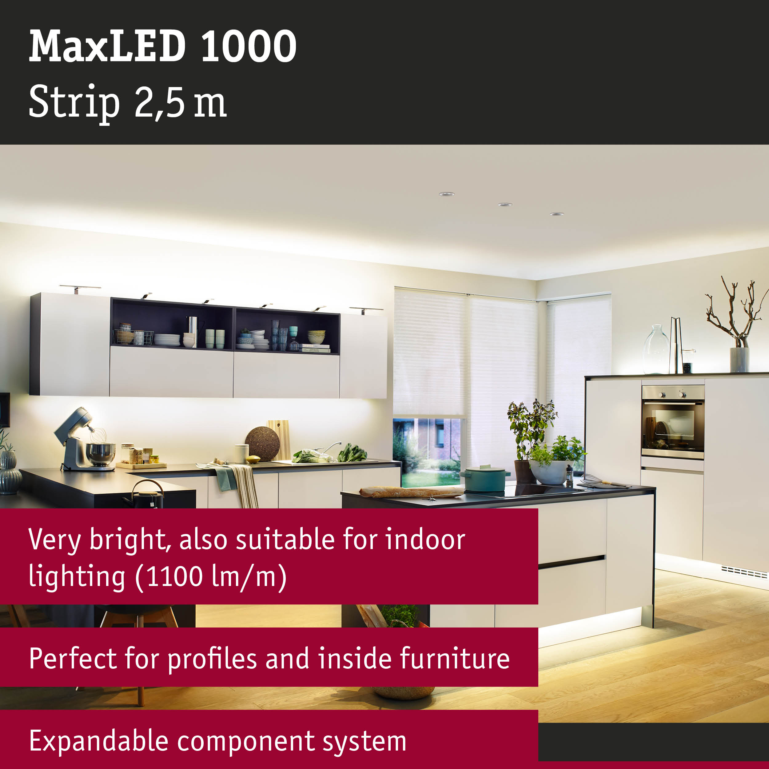 Modern kitchen featuring MaxLED 1000 2.5m LED strip for bright indoor and furniture lighting