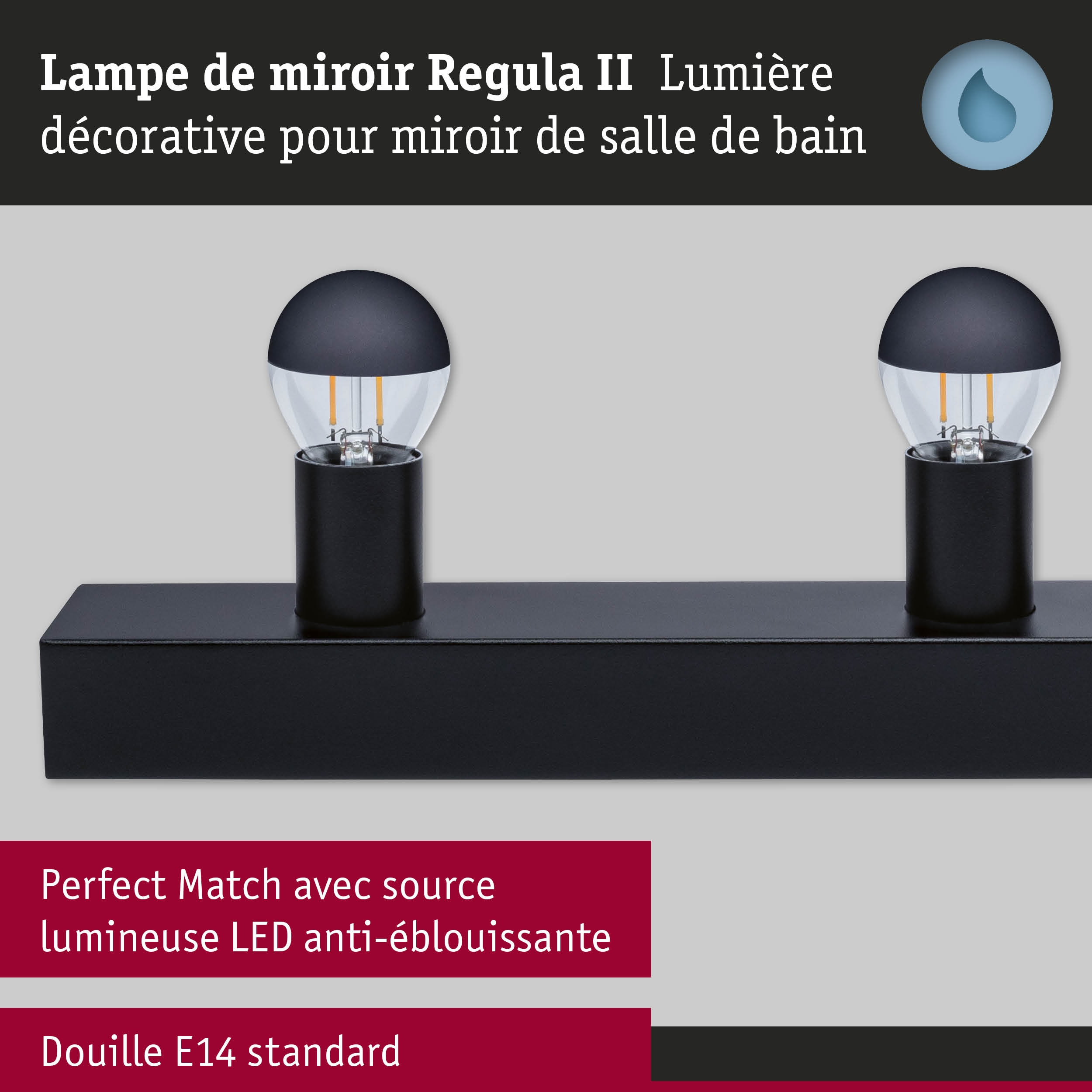 Kit Éclairage de miroir Regula II ampoules incluses 4-flammes IP44 E14 2700K 4x470lm 230V 4x4,5W gradable Noir/Calotte réflectrice en noir mat