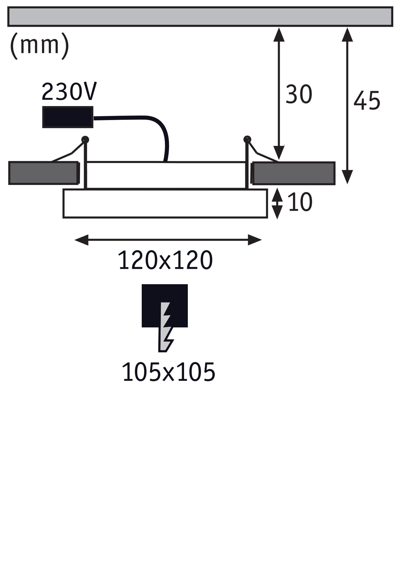 Technical drawing with dimensions of a square LED recessed light 120x120 mm, 230V connection.