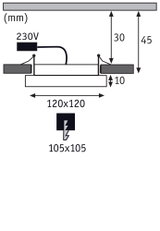 Technische Zeichnung mit Maßen einer quadratischen LED-Einbauleuchte 120x120 mm, 230V Anschluss.