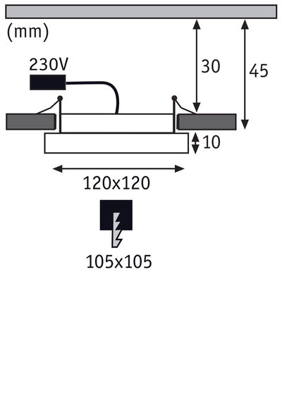 Technical drawing with dimensions of a square LED recessed light 120x120 mm, 230V connection.