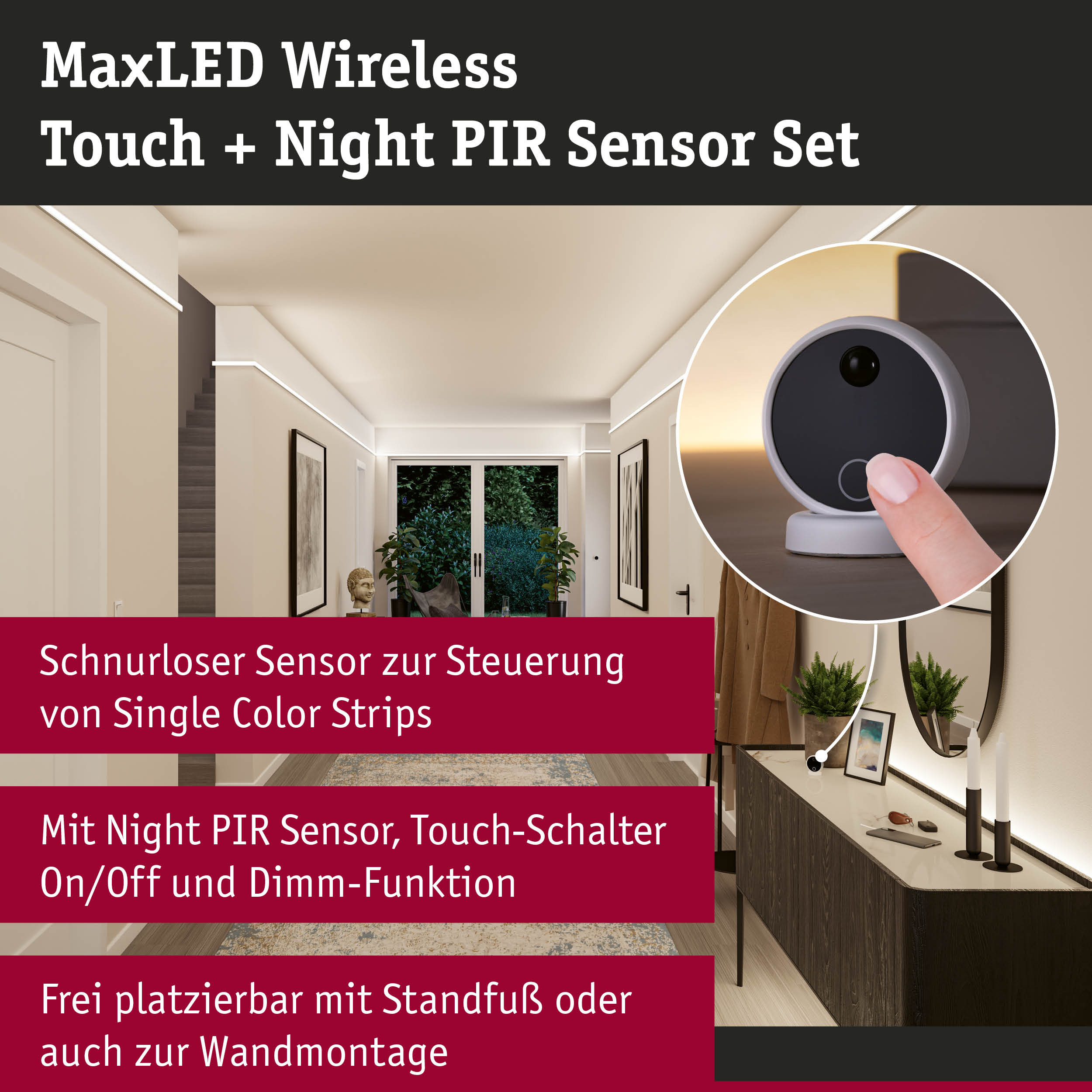 MaxLED Wireless Touch und Night PIR Sensor Set mit kabellosem Sensor für Single Color LED-Strips