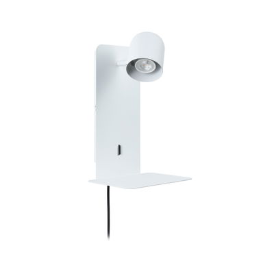 Modern white metal wall spotlight with shelf and adjustable lamp head for accent lighting in rooms