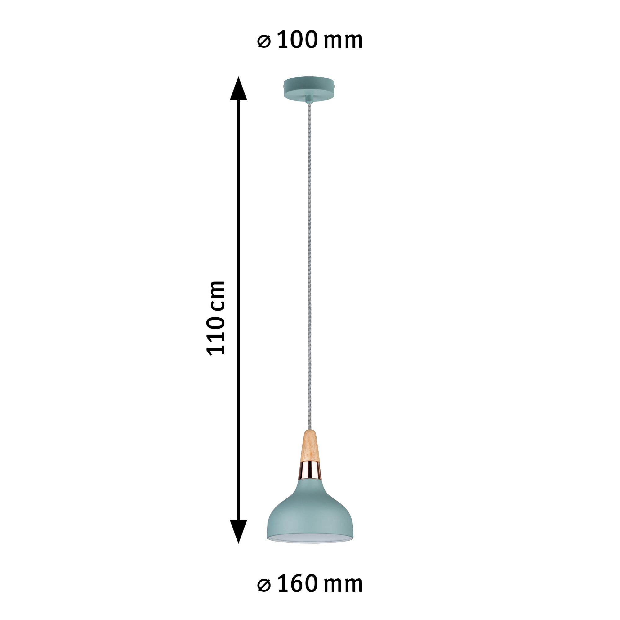 Blauwe metalen hanglamp met hout- en koperdetails, 110 cm lang, 16 cm diameter, LED-verlichting
