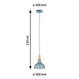 Blue metal pendant lamp with wood and copper accents, 110 cm length, 16 cm diameter, LED lighting