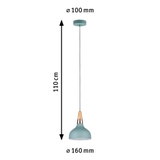 Suspension en métal bleu avec détails en bois et cuivre, 110 cm de long, 16 cm de diamètre, éclairage LED