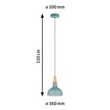 Blue metal pendant lamp with wood and copper accents, 110 cm length, 16 cm diameter, LED lighting