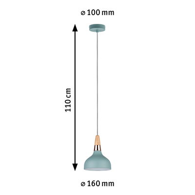 Blue metal pendant lamp with wood and copper accents, 110 cm length, 16 cm diameter, LED lighting