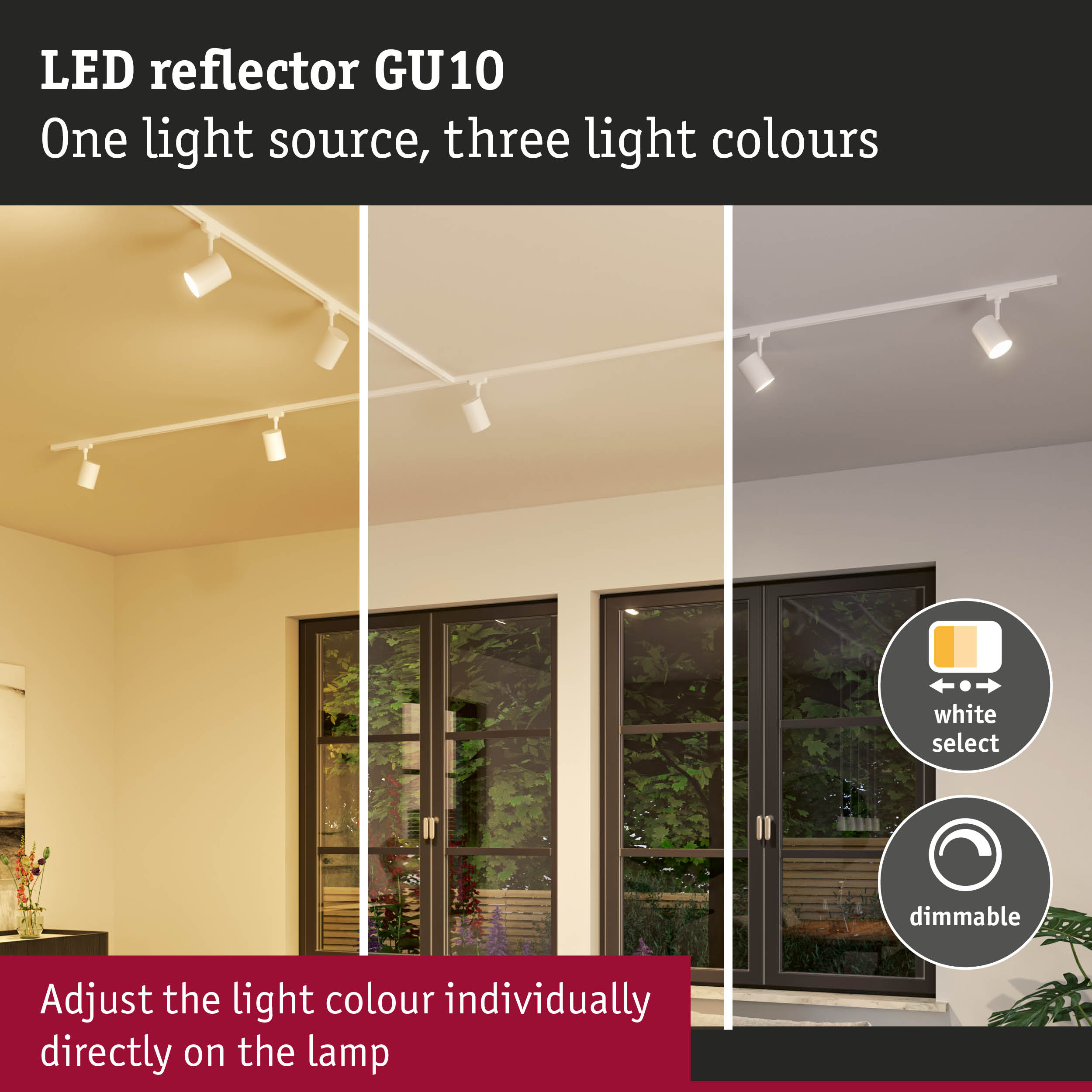 White LED reflector GU10 with three light colours and dimmable feature for adjustable lighting