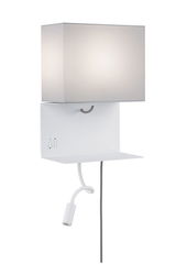 Weiße Wandlampe mit rechteckigem Stoffschirm und flexiblem Lesearm aus Metall für modernes Lichtdesign.
