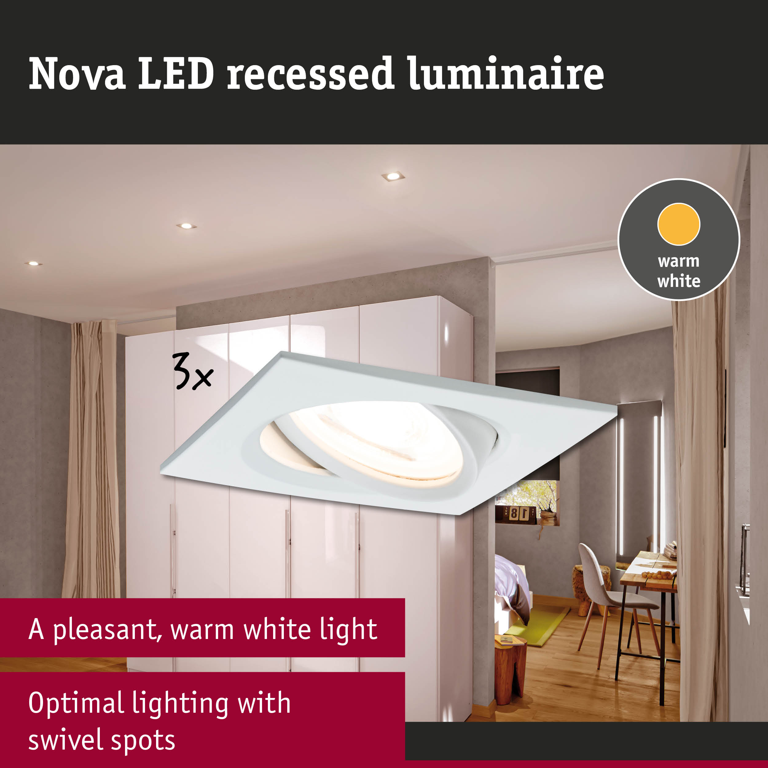 Nova LED recessed spotlight in white with warm white light and swivel spots for optimal room lighting