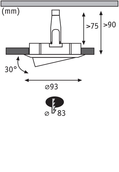 Technical drawing of recessed spotlight with 93 mm diameter and 30-degree tilt, dimensions in mm.