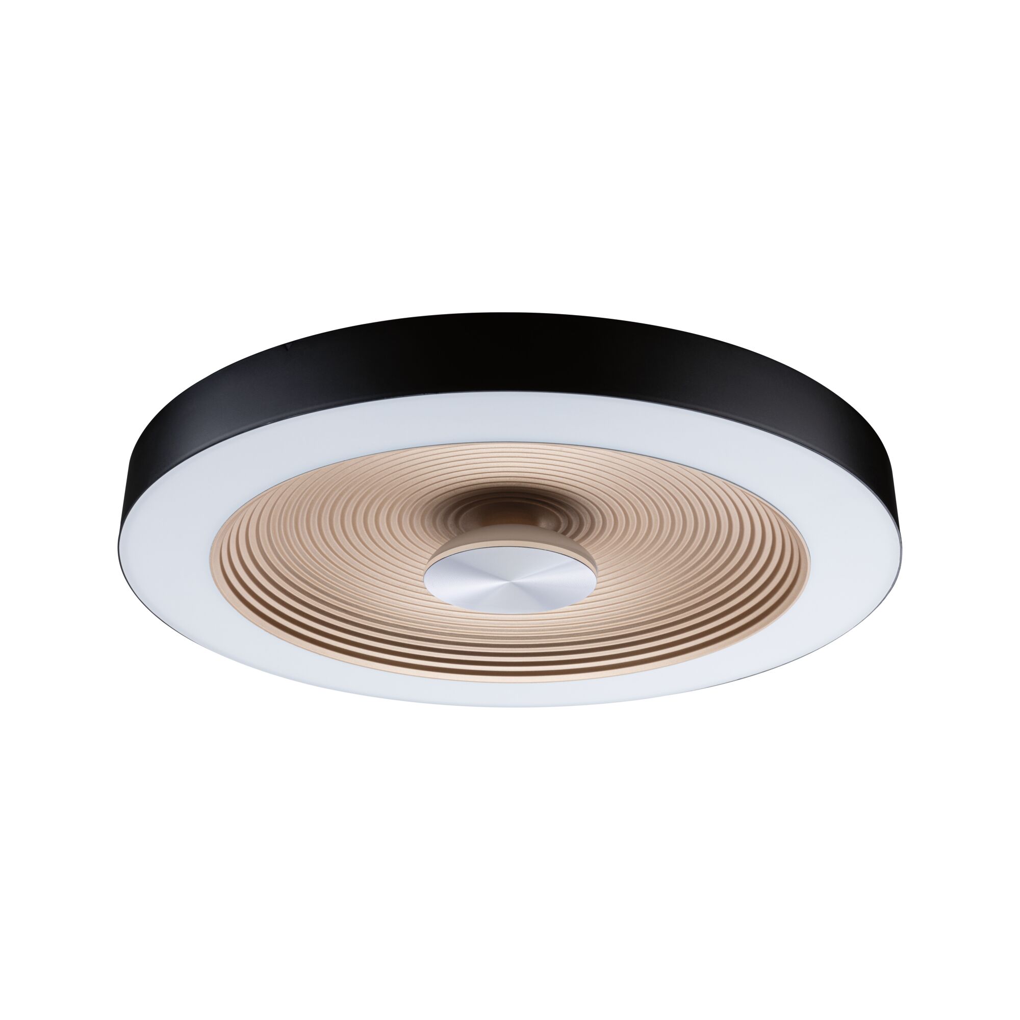 Rund loftlampe med sort ramme og gylden ribbet metal indre ring, LED-belysning