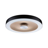 Rund loftlampe med sort ramme og gylden ribbet metal indre ring, LED-belysning