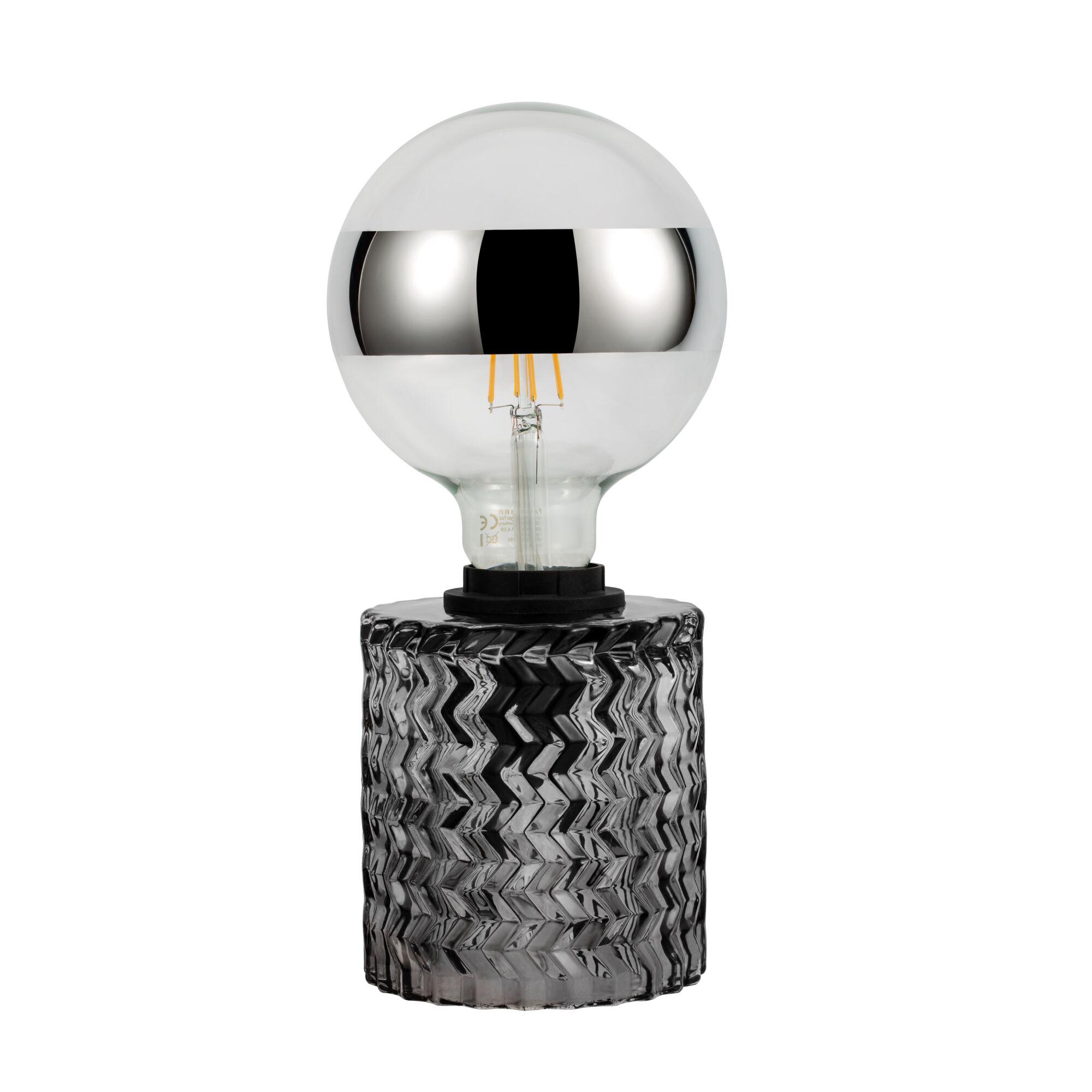 Pauleen Lampe à poser Crystal Smoke E27 max. 20W Verre fumé Ampoule avec capuchon miroir argenté et base en verre transparent sur support noir texturé