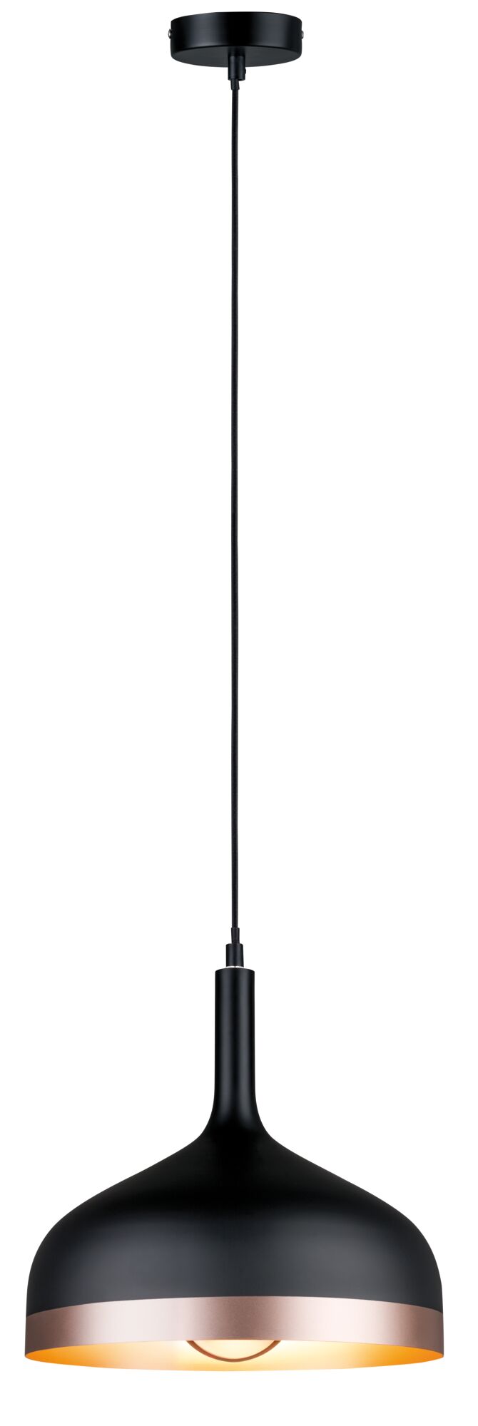 Zwarte metalen hanglamp met koperen rand en warm licht, geschikt voor moderne woonruimtes