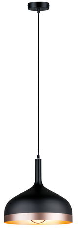 Black metal pendant lamp with copper edge and warm light, ideal for modern interior lighting