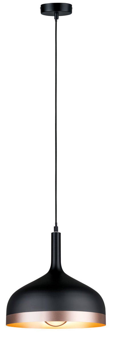 Schwarze Pendelleuchte aus Metall mit kupferfarbenem Rand und warmem Licht für moderne Wohnräume