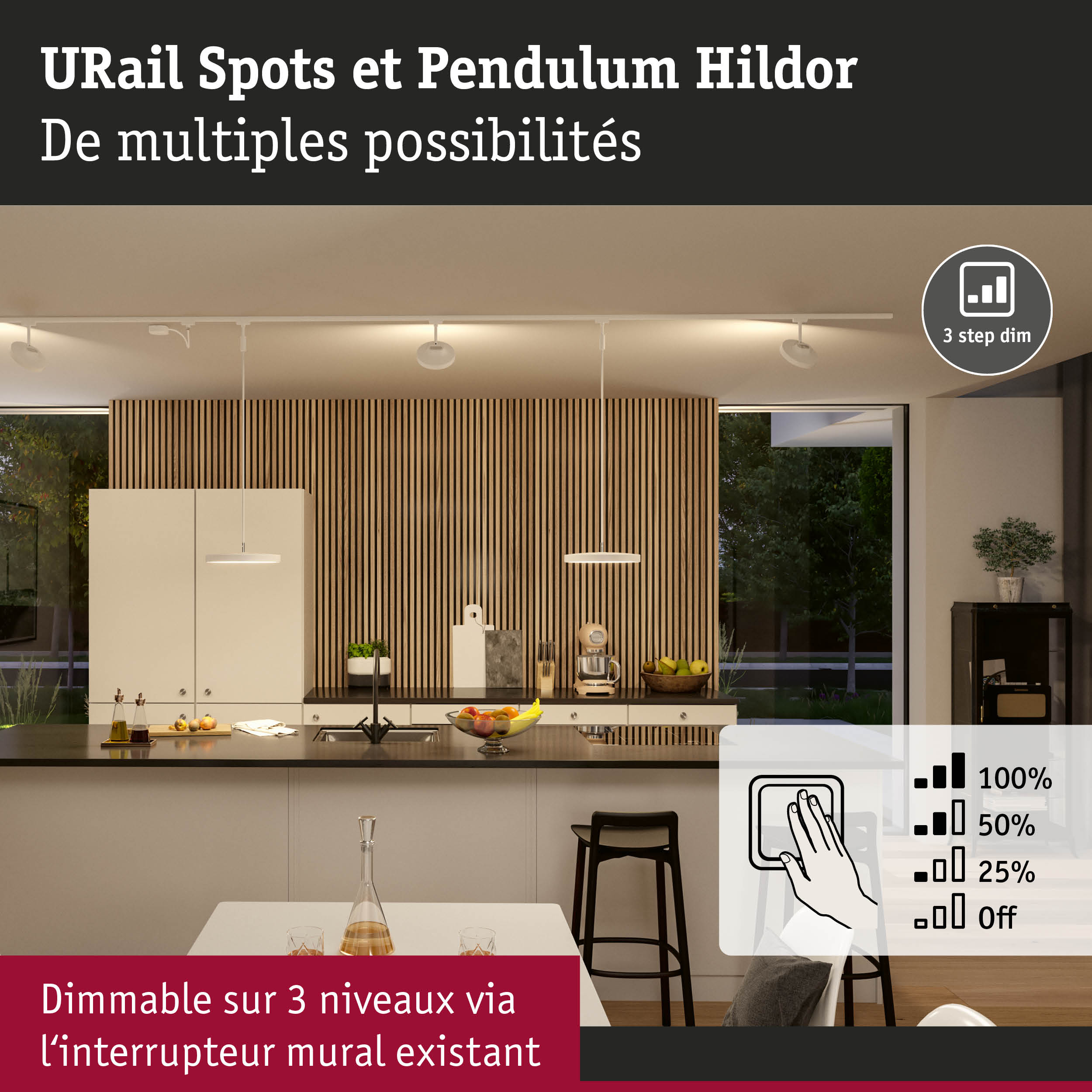 Spots URail blancs modernes et suspension Pendulum Hildor avec variateur 3 niveaux dans cuisine