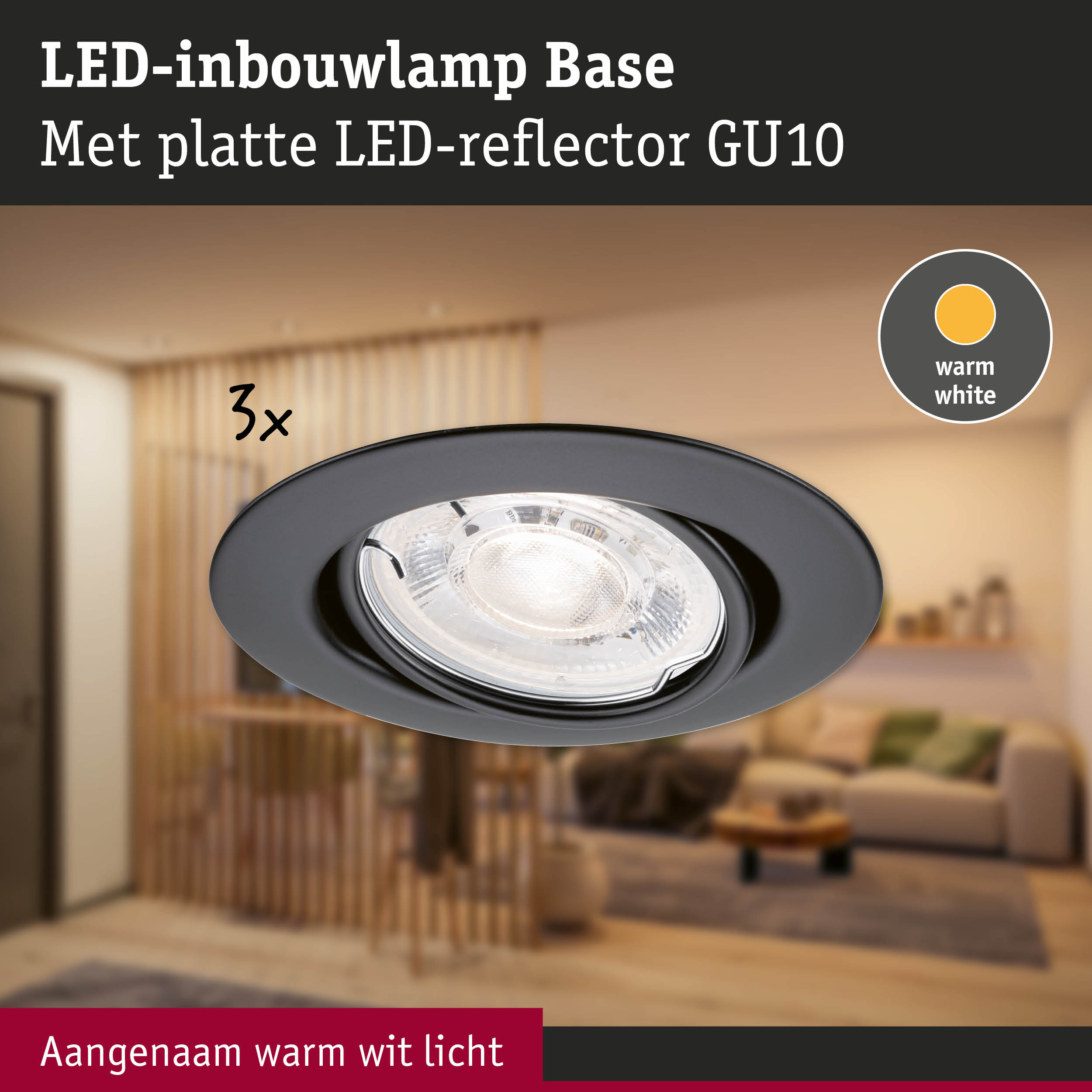 Zwarte LED-inbouwlamp Base met platte LED-reflector GU10 en warm wit licht voor woningverlichting
