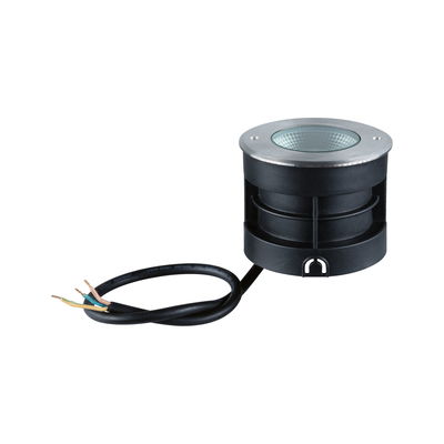 Round recessed LED spotlight in black plastic with stainless steel ring and cable for outdoor lighting