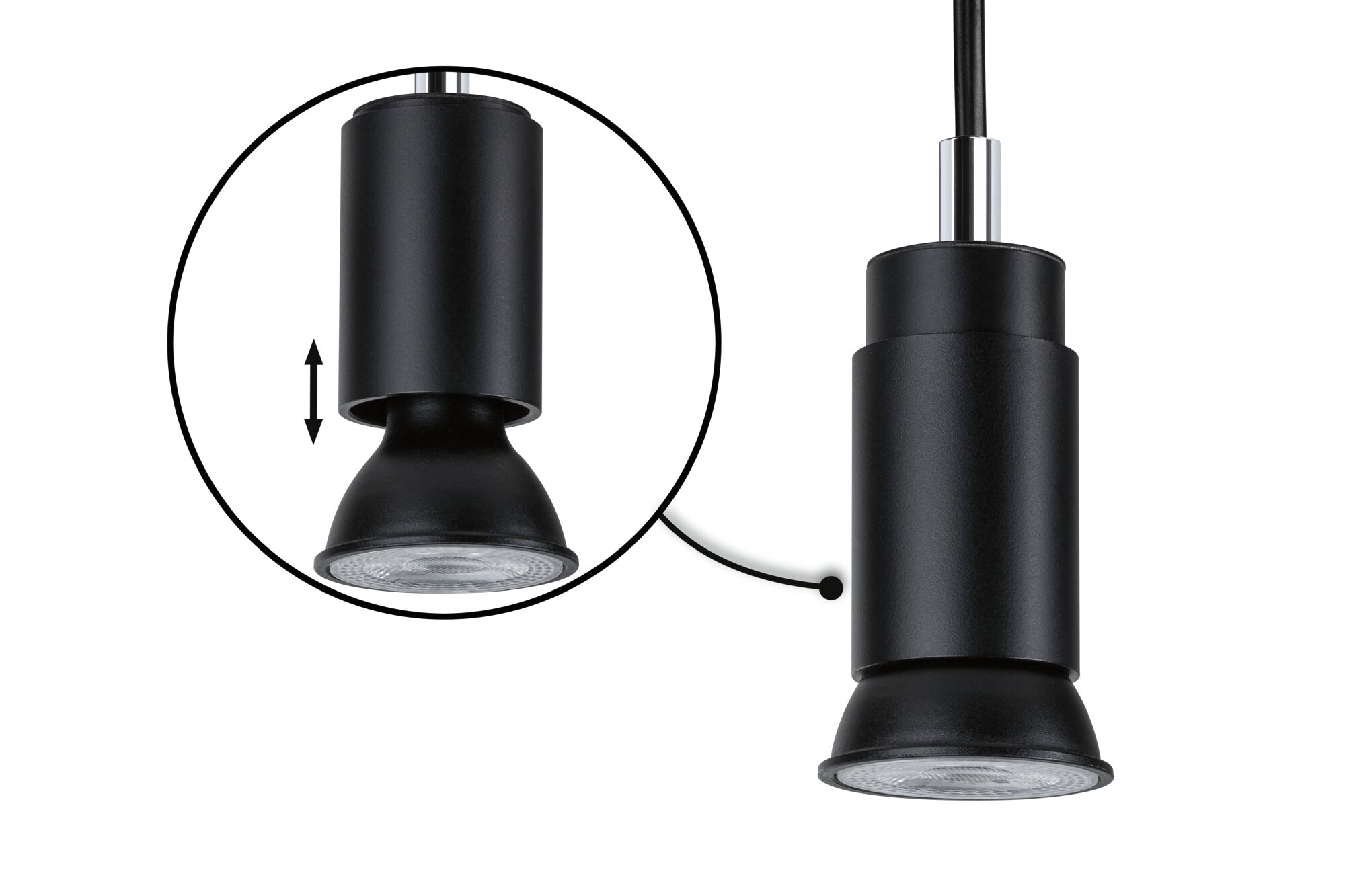 Schwarze LED-Pendelleuchte aus Metall mit verstellbarem Leuchtenkopf für flexible Beleuchtung